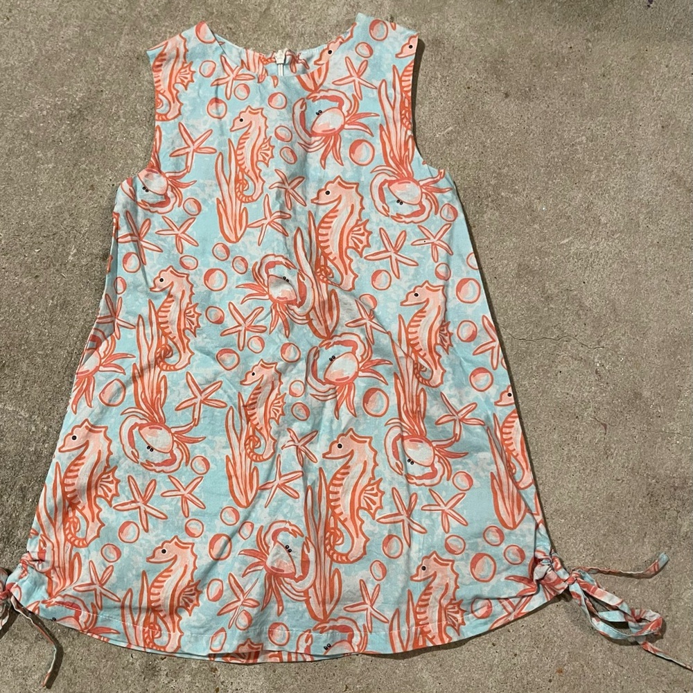 Little girls Seahorse and Crab Print Dress - Blue and Orange